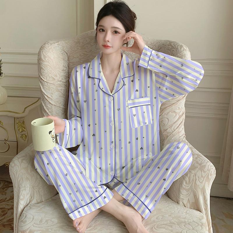 Fashion Ice Silk Thin Pajamas Women'S Spring High-End Silk Striped Cartoon Loungewear Long-Sleeved Two-Piece Set