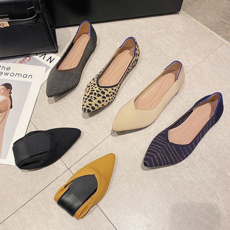 Flying woven single shoes women's spring and autumn new comfortable soft sole shallow mouth pointed flat bottom professional work shoes