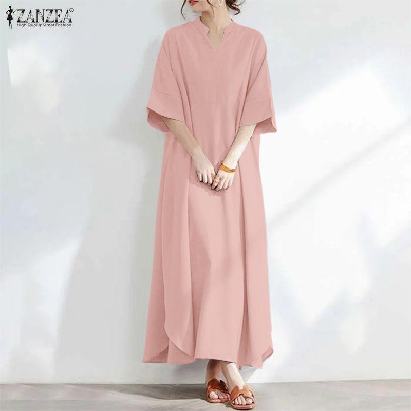 ZANZEA Women Casual V-Neck Summer Loose Short Sleeve Long Dress