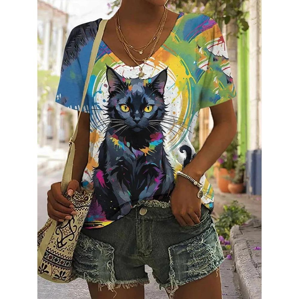 Cute Animal Pattern Summer Soft Comfortable Women s T-Shirts Casual Comfortable Loose V-Neck Short-Sleeve T-Shirt S