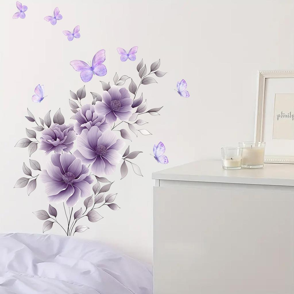 Aesthetic Purple Floral Butterfly Wall Stickers, French Countryside Self-Adhesive Decor for Room Background Wall Decoration