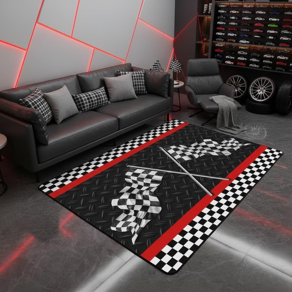 Rennauto Spielmatte 1,50 m x 1 m für Jungen Nachttisch, Schwarz Weiß Karierte Flagge Rutschfester Teppich Kinder Spielteppiche, Geometrischer Karomuster Teppich Spaßmatte für Kinder