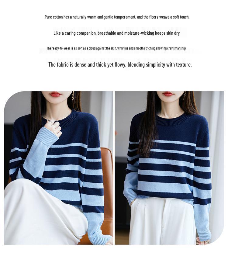 Damski gruby bawełniany sweter w paski na Jesień/Zimę 2025 - 100% Bawełna Okrągły Dekolt Dzianina