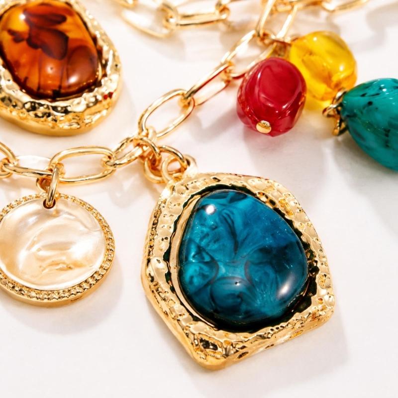 Multicolor Pendant Necklace with Assorted Marbled Resin Shapes, Bead Details and Gold-Tone Chains in Coordinated Multi-Strand Design