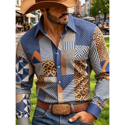 Nuova camicia da uomo a maniche lunghe casual con colletto, stampa retrò, testa di mucca stile western, stella a cinque punte, freccia