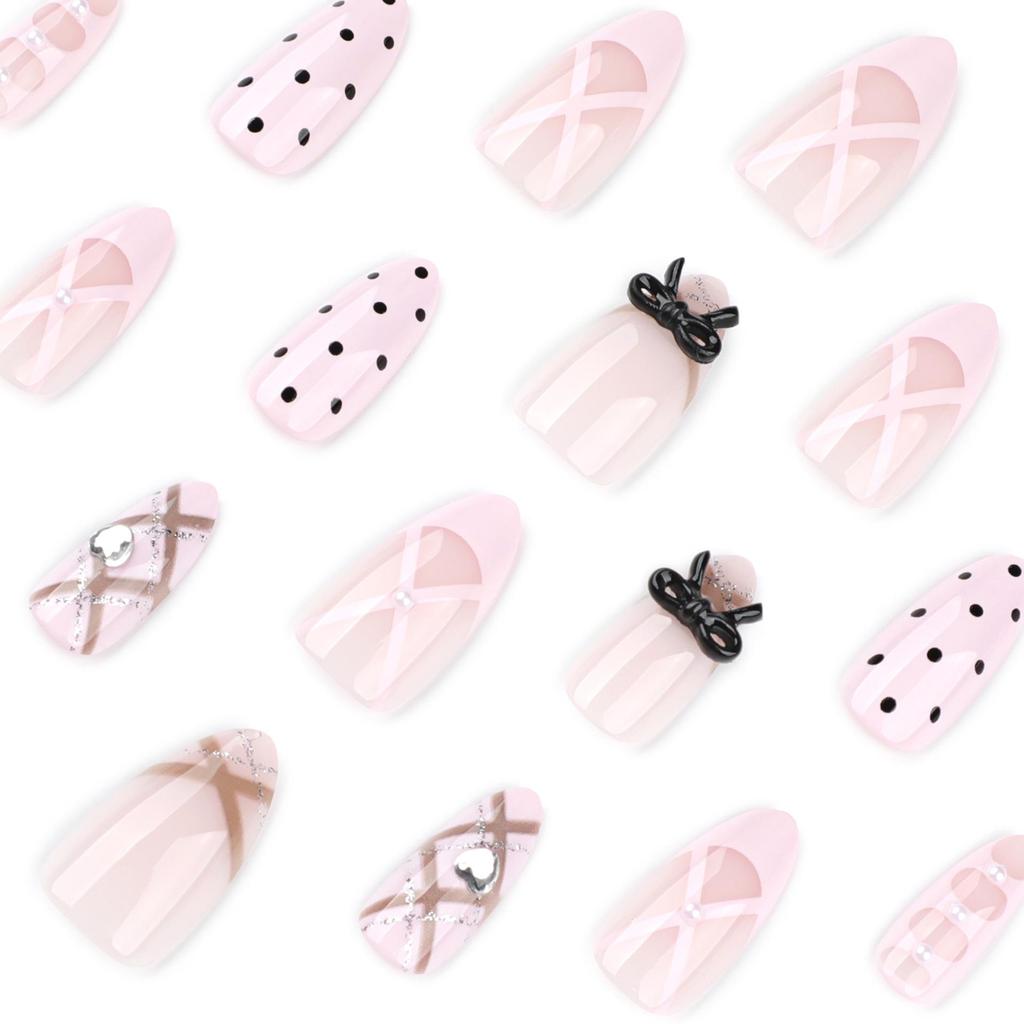French Almond Glitter Bow Nails - Short Wearable Polka Dot Art Tips with Rhinestones