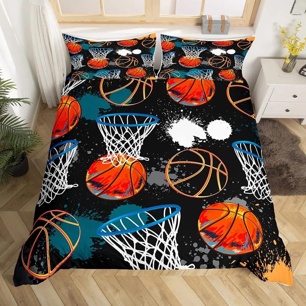 Basketball Court Print Bedding Set Queen Size,Ball Sports Games Themed Duvet Cover, Boys Game Room Decor Comforter Duvet Cover