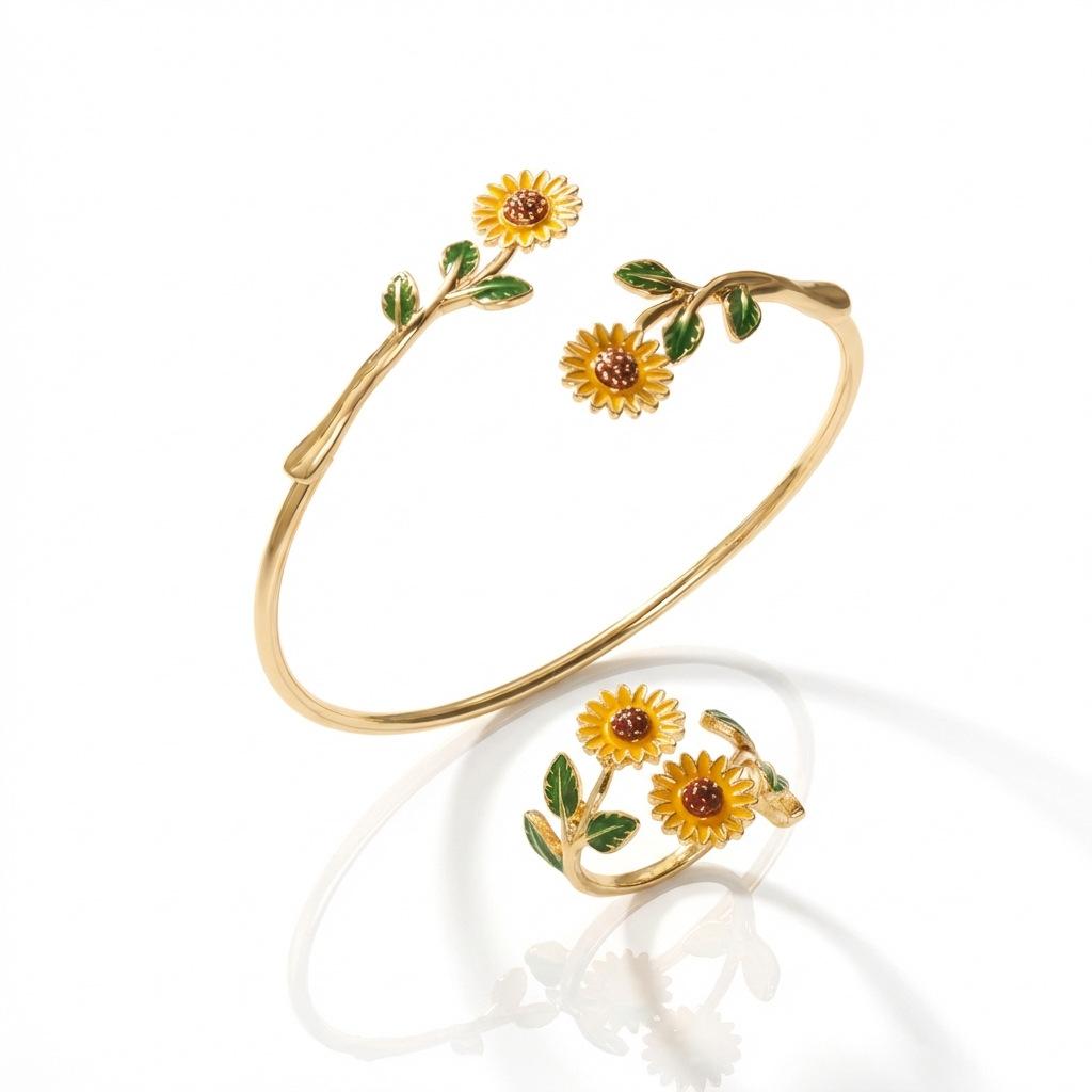Women's Bracelet and Ring Set, Alloy Enamel Camellia Open Bracelet and Ring Set