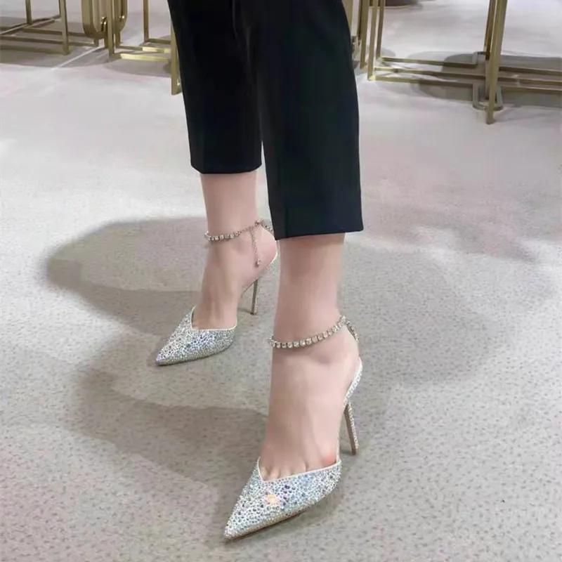 Fashion Luxury Rhinestones Sequined Ankle Strap Women Pumps Elegant Stiletto High Heels Sprin Summer Fashion Crystal Wedding Prom Shoes