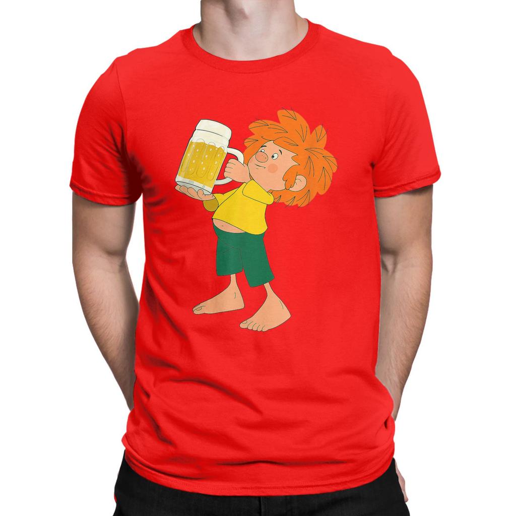 Men T-Shirt Pumuckl Drinks Beer Vintage Pure Cotton Tee Shirt Short Sleeve Anime Cartoon T Shirts Crew Neck Clothing Plus Size
