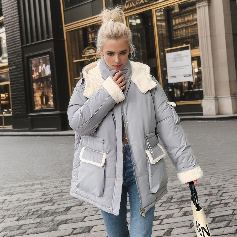 Dámská bavlněná bunda z jehněčí vlny 2024 Zimní kontrastní s kapucí Ležérní parky Kabáty 2 kapsy Zesílená teplá bunda Dámské oblečení