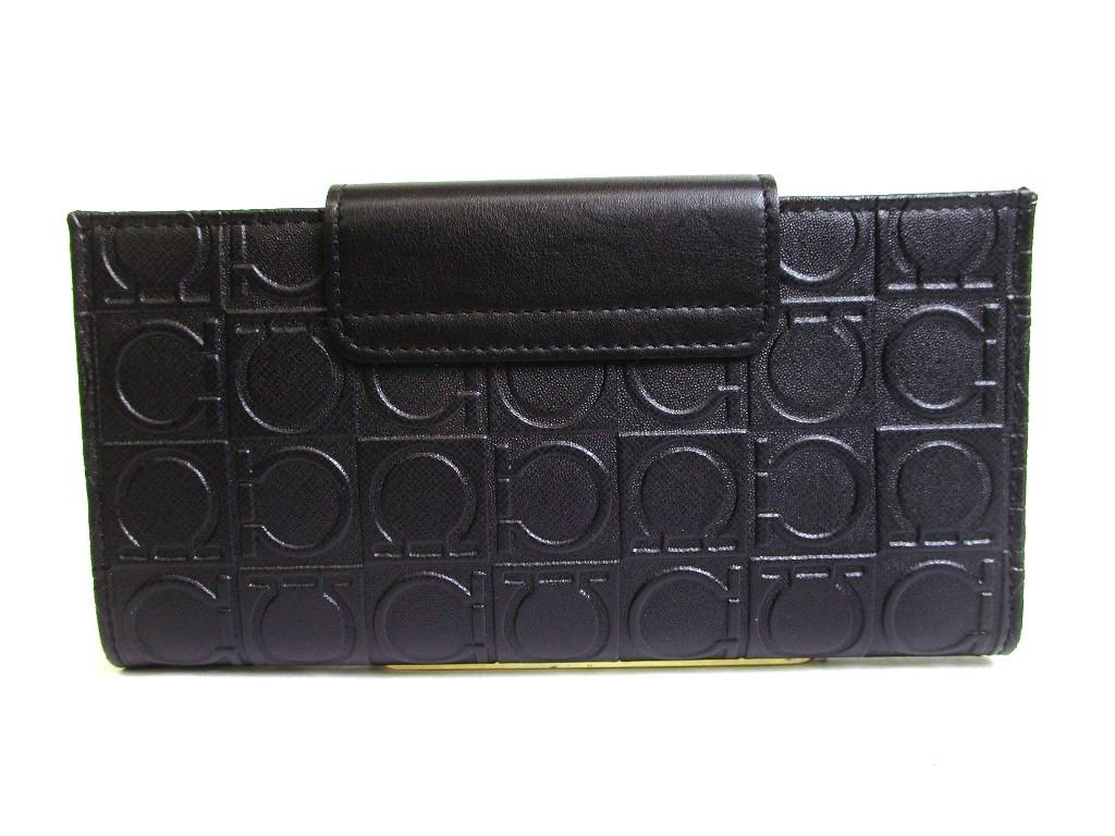 Authentic Salvatore Ferragamo Gancini Black Leather Flap Long Wallet #b127  Open box