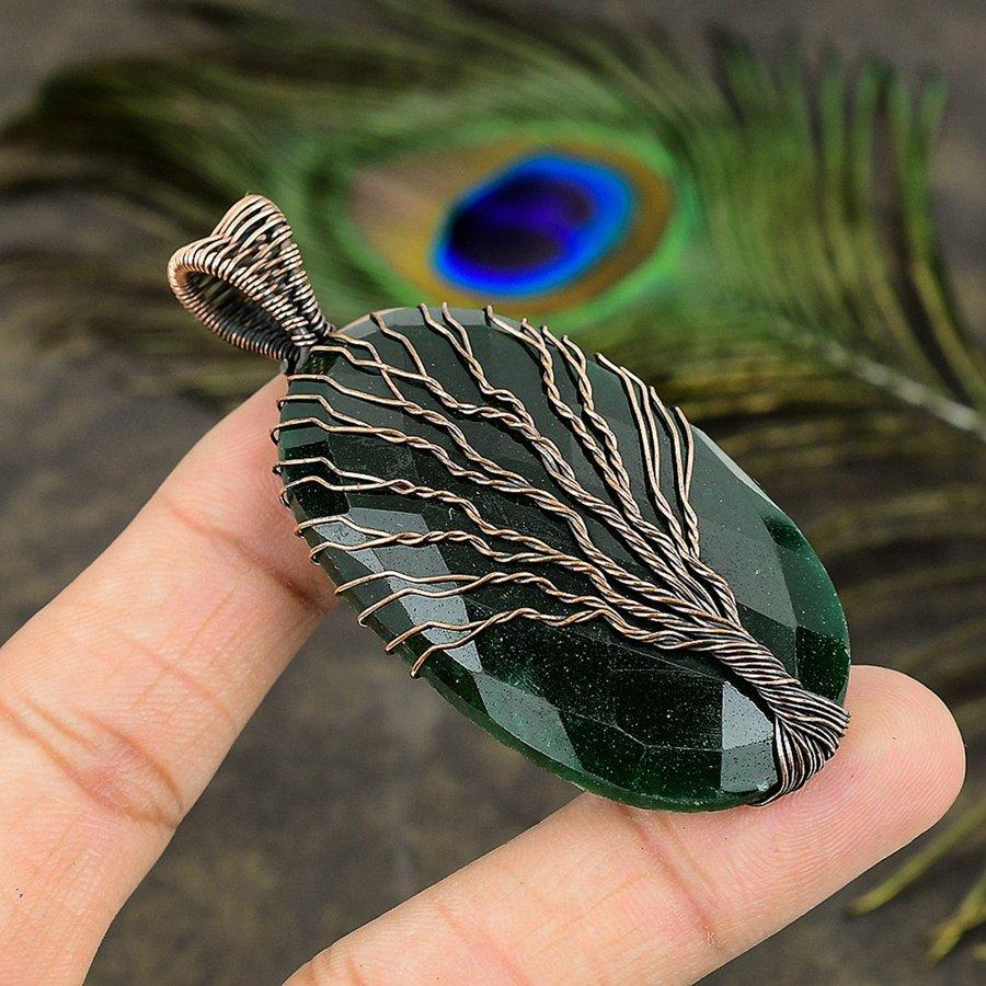 Emerald(Simulated) Gemstone Handmade Copper Wire Wrap Pendant 2.84" P9K73