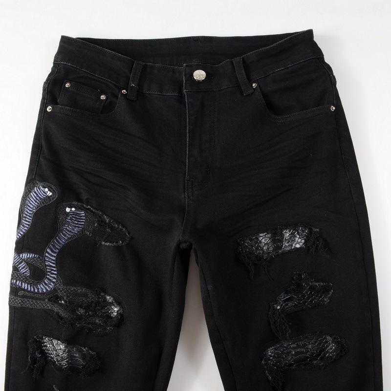 Herren Slim Fit Ripped Jeans mit Schlangenstickerei - Europäischer und Amerikanischer Stil