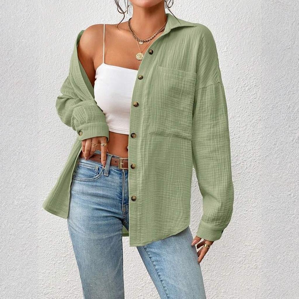 Women's Casual Fashion Shirt With Shoulder Down Long Sleeved Shirt