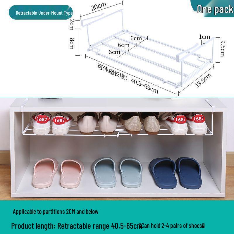 Retractable Shoe Cabinet with Dividers and Foldable Bracket - Space-Saving Storage Rack with Under-Hanging Baskets.