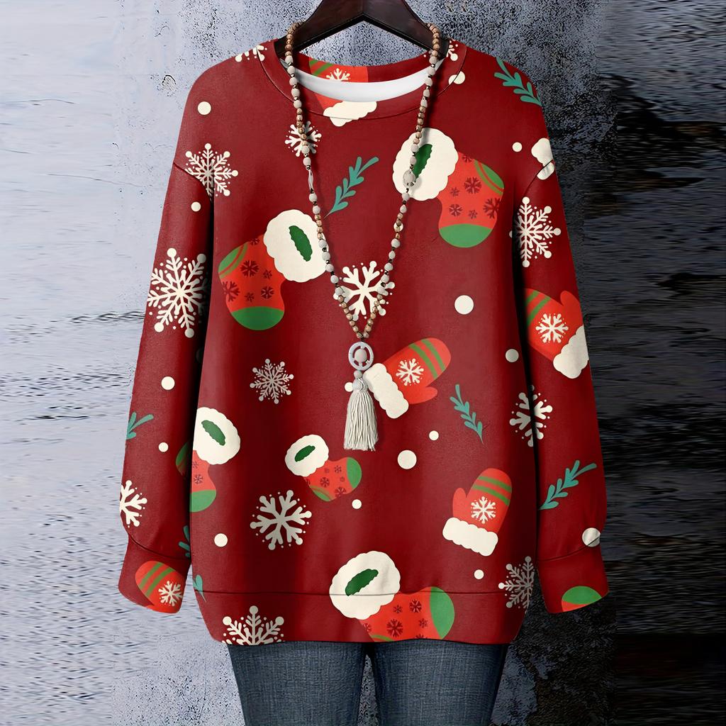 Ladies' Christmas Printed Round Neck Long Sleeved T-shirt Sweatshirt Top