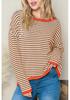 Shi Ying Women's Striped Drop Shoulder Sweater - Contrasting Trim, Loose Fit, Versatile Long Sleeve Knit Pullover.