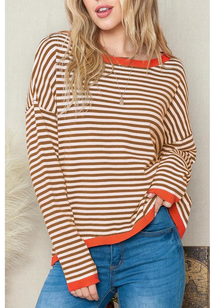 Shi Ying Women's Striped Drop Shoulder Sweater - Contrasting Trim, Loose Fit, Versatile Long Sleeve Knit Pullover.