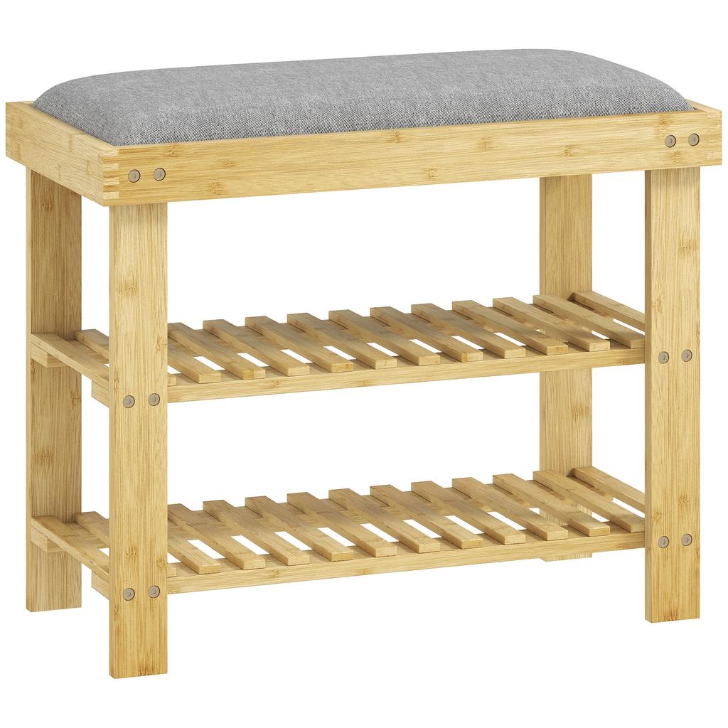 Shoe Bench with Seat, Bamboo Bench with Storage, 2 Open Compartments, Bench 60 X 29 X 49 Cm Grey