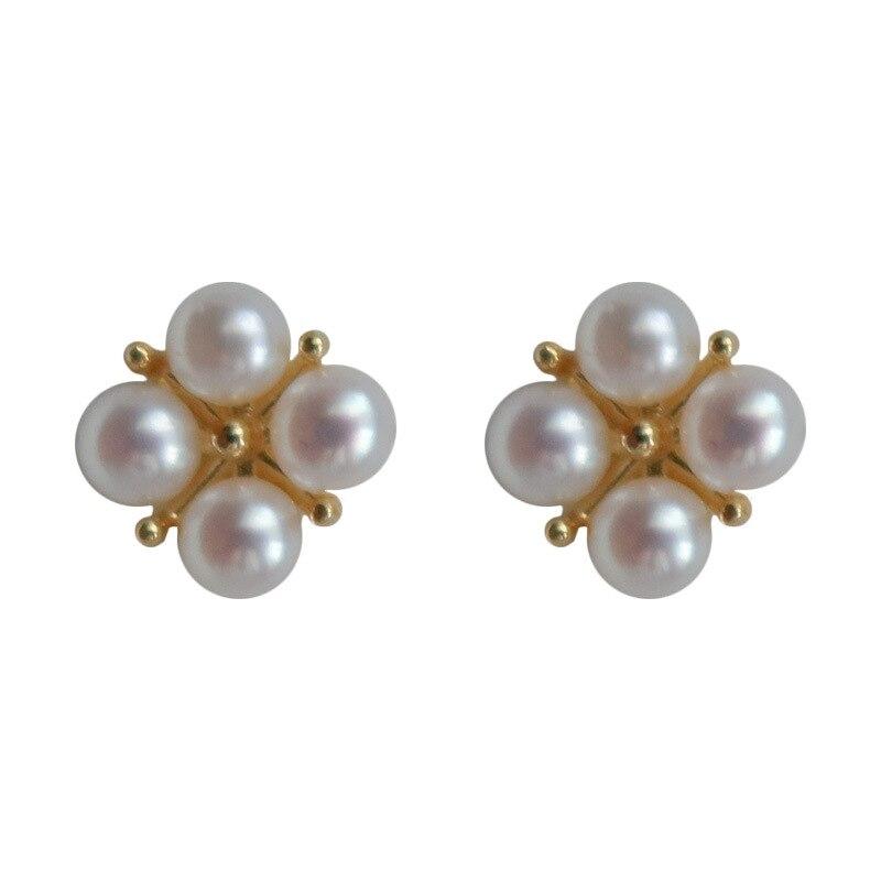 Retro Style New Four Leaf Grass Fresh Water Bright Pearl Earrings 925 Silver Ear Pin EARRINGS Metal Earrings