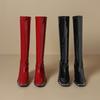 Knee High Boots Autumn New Square Toe Metal Head Guard Patent Leather Back Zip Non-Slip Block Heel Thigh Boots