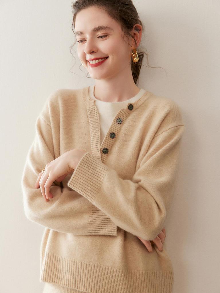 Autumn/Winter Women's Cashmere Knit Henley Shirt: Stylish, Versatile, Soft & Comfortable Fake Two-Piece Base Layer.