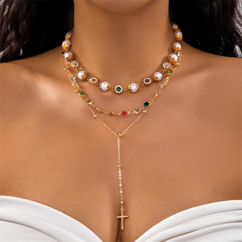 Pearl necklace, versatile, hip-hop style, unique, high-end feel, individuality, colored diamond, cross pendant, sweater chain