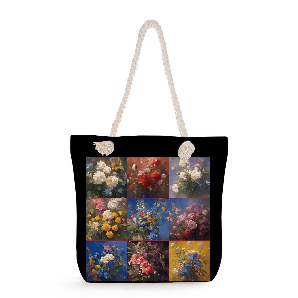 Multifunctional Oil painting flowers Printed Thick Rope Shoulder Beach Bag Casual large capacity handbag 0245