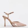 Fashion Luxury Designer Mesh Thin High Heeled Sandals Women Sexy Pointed Toe Bling Pumps Beige Open Heel Ankle Strap Wedding Party Shoes