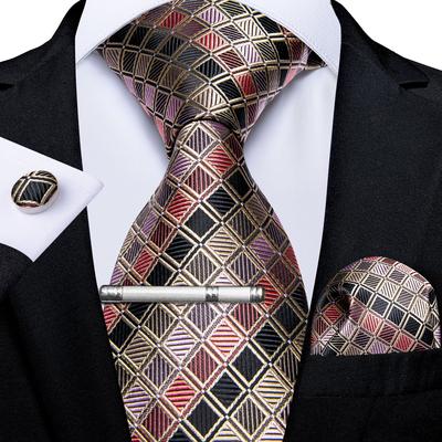 Mens Ties Formal Plaid Necktie 8.5cm Silk Tie Clip Hanky Cufflinks Set for Business Wedding Party