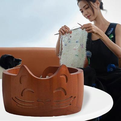 Wooden Yarn Bowl Yarn Storage Bowl Portable Yarn Ball Organizer Cat Shaped Wool Storage Bowl Multi-Function for Crochet Lovers