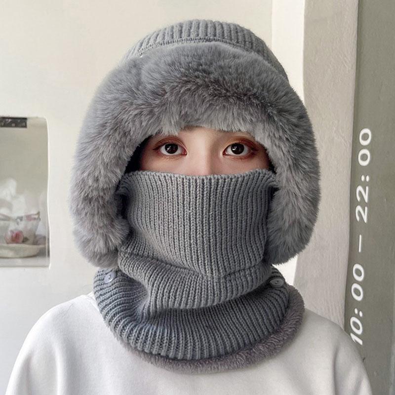 Winter-Plüsch-Skimütze, einteiliges Schal-Mützen-Set, Gesichtsmaske, Ohrenschutz, Strickmützen, Kunstfell-Pompon, Wollmützen, Nack, warm, für Outdoor-Wanderungen und Reiten