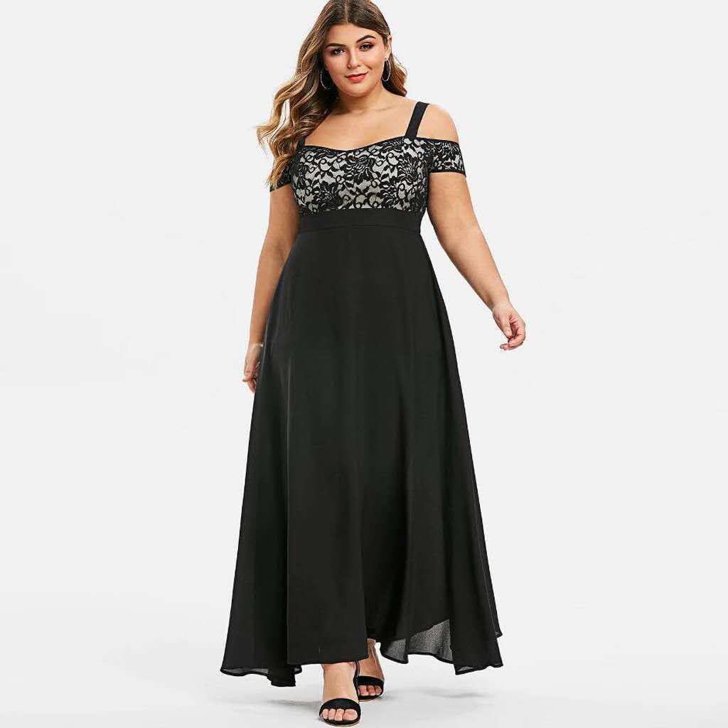 Plus Size Off-the-Shoulder Floral Lace Spaghetti Strap Chiffon Maxi Dress