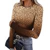 Women's slim-fit bottoming T-shirt leopard print round neck pullover long-sleeved top (with thumb holes in the cuffs)