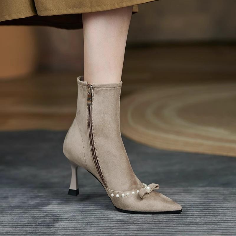 Fashion New Pointed Toe Booties Women Stiletto French Temperament Bow Skinny Boots Autumn and Winter High Heels