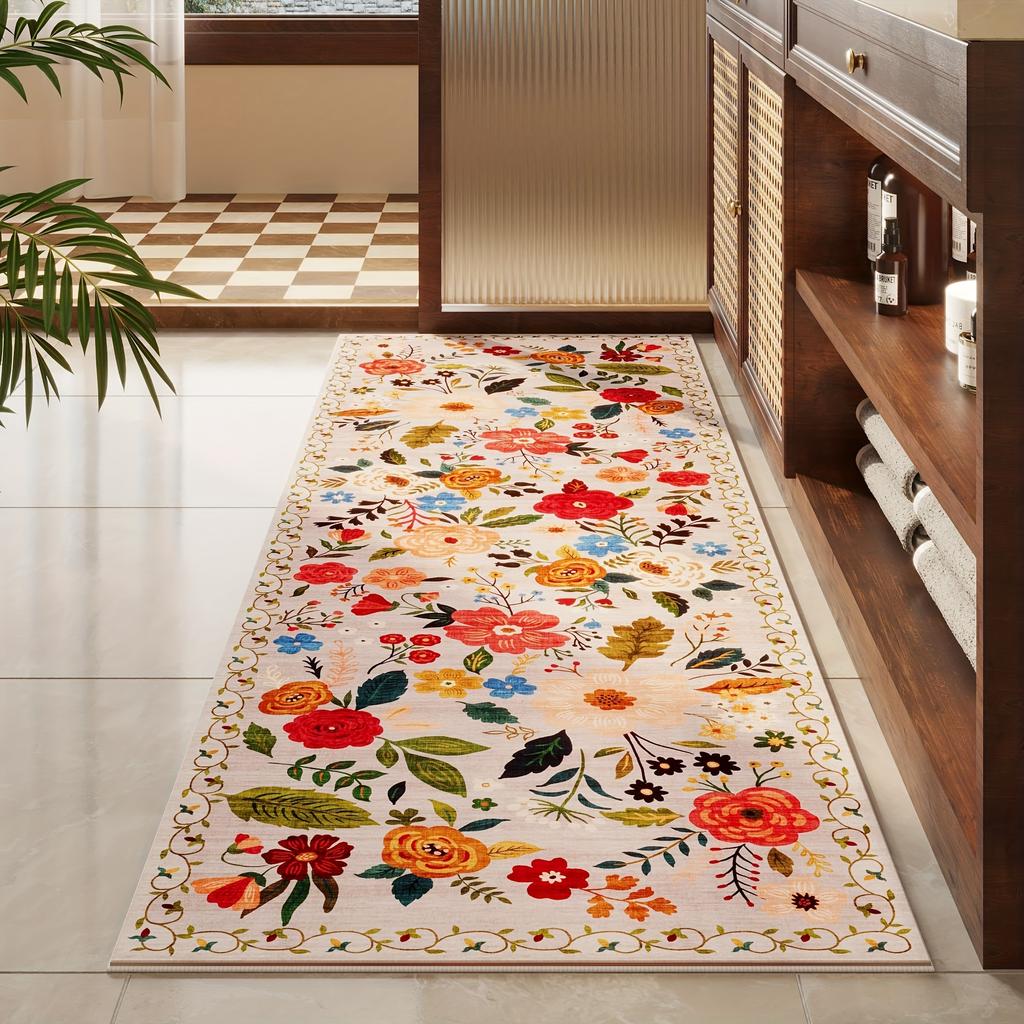 Premium Floral Bedroom Runner Rug, Soft Machine Washable Kitchen Mat - Non-Slip Indoor Doormat for Entryway, Laundry, Bathroom, Kitchen & Living Room