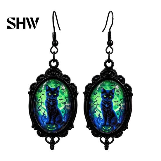 Versatile Dark Style Daily Wear Accessories 1 Pair Halloween Gothic Black Cat Earrings for Women, Vintage Jewelry with Skull Bat Patterns Punk Dangle