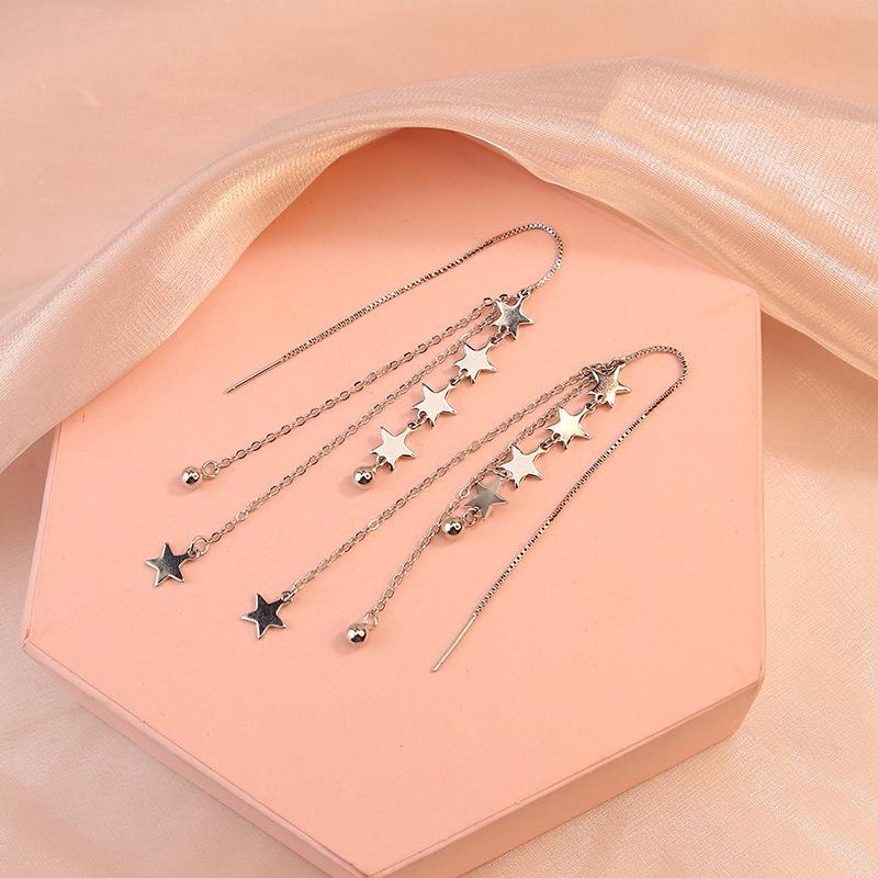 Cercei lungi cu meteoriți pentru femei, cercei simpli cu temperament, cercei pentru studente, mărgele rotunde mici și proaspete, cercei cu stea și franjuri.