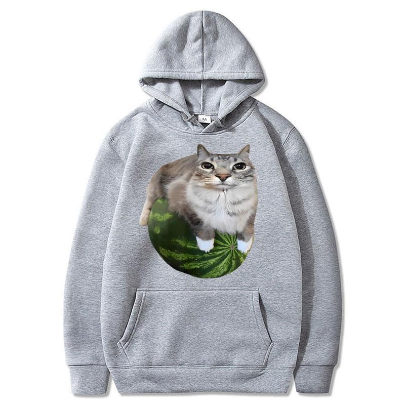 Funny Silly Watermelon Cat Meme Hoodie Women Humor Stylish Hilarious Long Sleeve Oversized Fleece Casual Pullover Streetwear