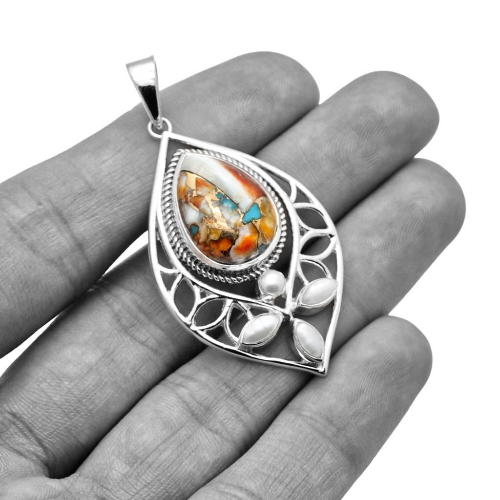 Oyster Turquoise & Pearl Pendant: 925 Sterling Silver Jewelry