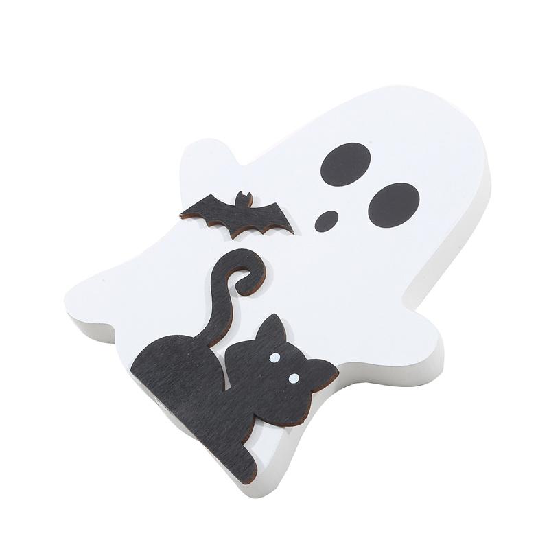 Niedliche Geister-Halloween-Dekoration für den Innenbereich, gruselige Deko, Holztablett-Dekor, Tischschild, schwarzer Katzenbesen, Kürbisblöcke für Partys, Zuhause, Regaldisplay