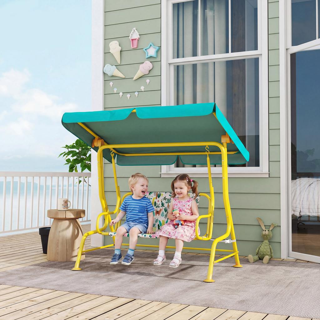 2-Seater Kids Hollywood Swing with Adjustable Canopy, Safety Belt for 3-6 Years up to 60 kg 112x75x120cm Green
