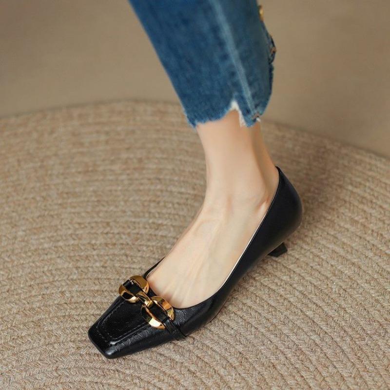Fashion Women's Heels Shoes Low Heels Pumps Square Toe Chain Boat Shoes New Fashion Office Dress Shoes for Female Spring Autumn 2024