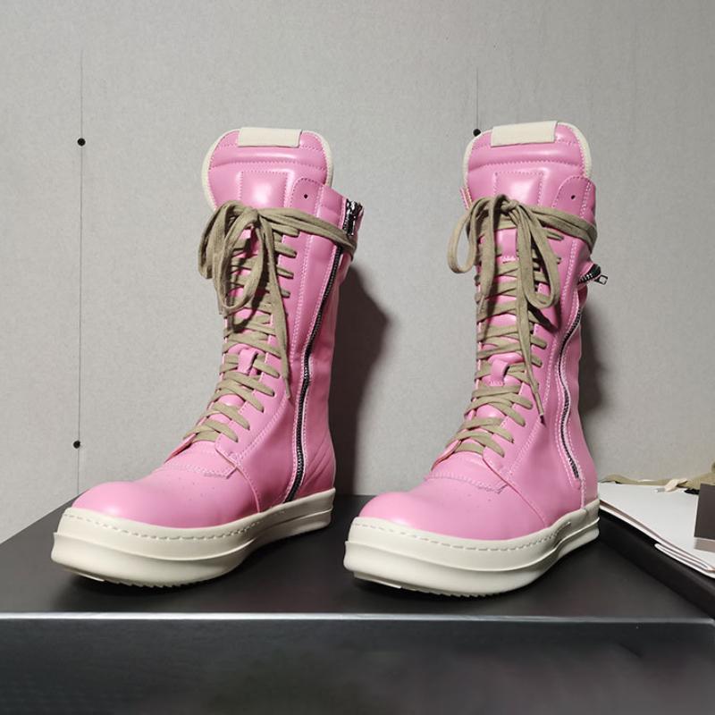 Fashion Trendy Men Women Motorcycle Boots Designer Shoes Pink Black Genuine Leather Unisex Casual Flats Platform High Top Shoes