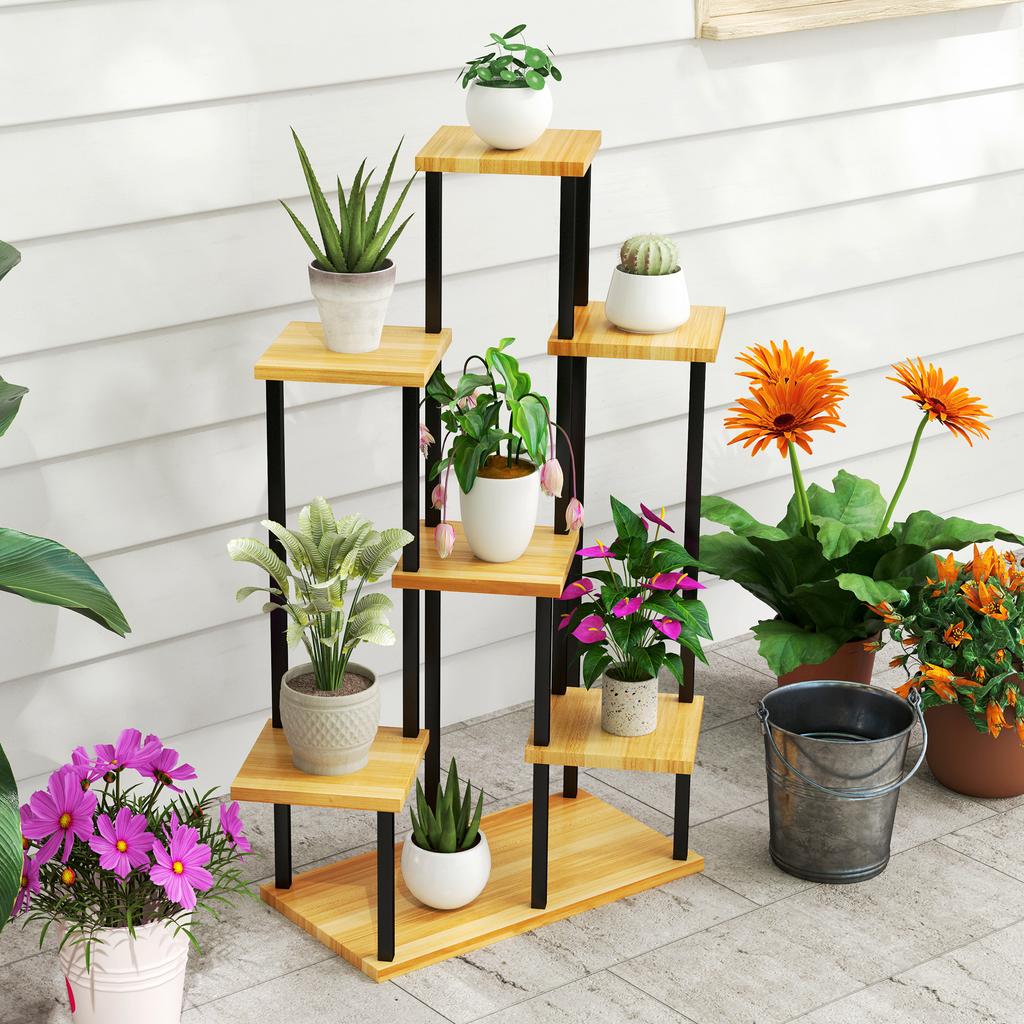 7-Tier Plant Stand for Indoor and Outdoor, Plant Shelf In Steel and Wood, Natural Wood