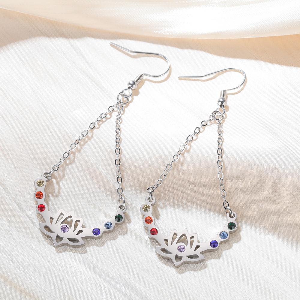 Dawapara Chakras Lotus Flower Dangle Earrings Stainless Steel Women Earrings Colorful Zircon Boho Yoga Spiritual Jewelry