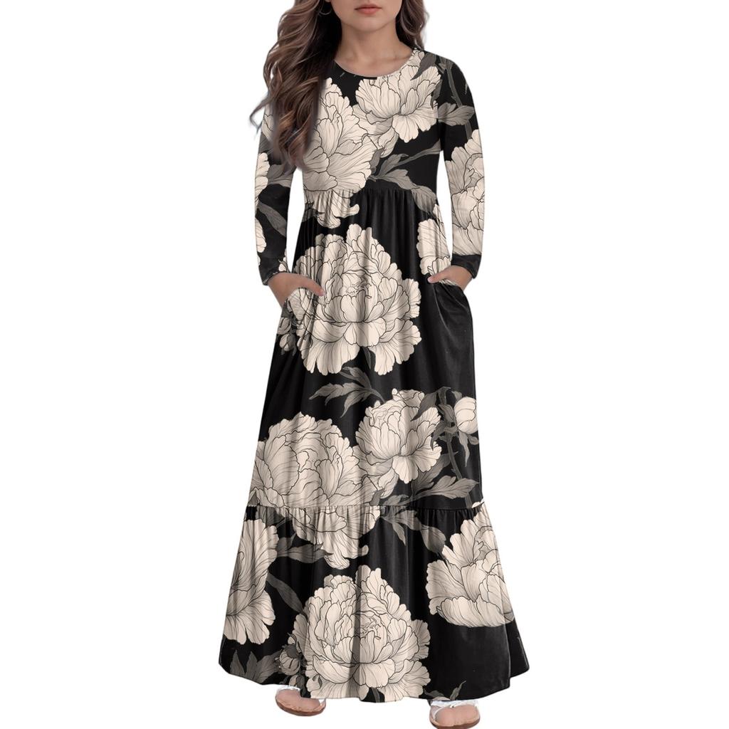 Rochie Maxi de Fete Rochii Casual de Vacanță - Rochie cu Mâneci Lungi cu Buzunare Pentru 4-14A
