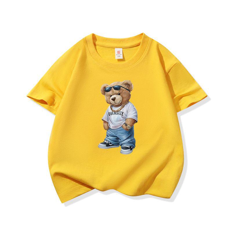 Hip Hop Style Bear With Sunglasses Graphic Tee Kids Pure Cotton Crew Neck T Shirt Short Sleeve Muticolor Tops Boys Girls Child