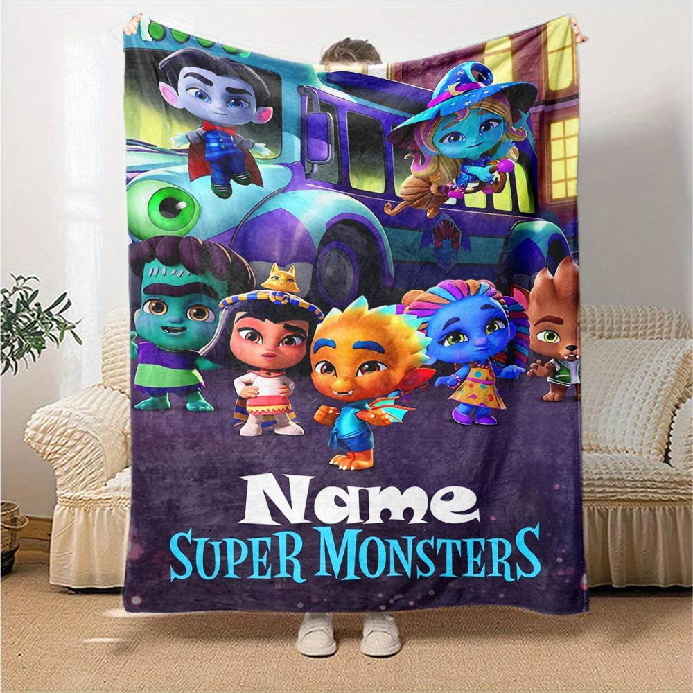 Custom Name Super Monsters Theme Printed Blanket - Perfect for Couch, Bed, Travel & Outdoor Use | Machine Washable, Cozy & Durable.